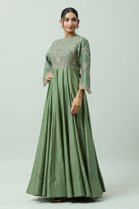Jayanti Reddy_Green Chanderi Embroidery Round Neck Bodice Anarkali _at_Aza_Fashions