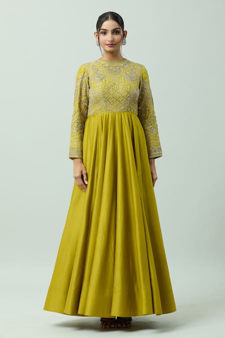 Jayanti Reddy Yellow Chanderi Embroidery Round Neck Hand Bodice Anarkali at Aza Fashions Jayanti Reddy_Yellow Chanderi Embroidery Round Neck Hand Bodice Anarkali _at_Aza_Fashions