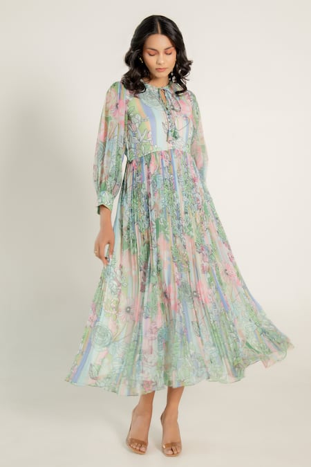 AROOP SHOP INDIA Green Recycled Chiffon Printed Fern Floral Round Daria Gathered Dress 