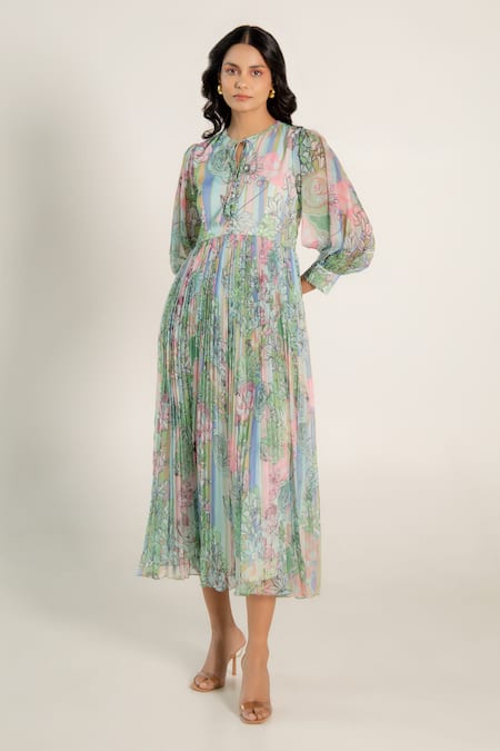 Aroop Shop India_Green Chiffon Round Neck Daria Fern Floral Print Gathered Dress _Online_at_Aza_Fashions