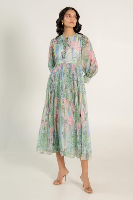 Buy_Aroop Shop India_Green Chiffon Round Neck Daria Fern Floral Print Gathered Dress _Online_at_Aza_Fashions