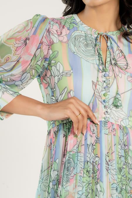 Aroop Shop India_Green Chiffon Round Neck Daria Fern Floral Print Gathered Dress _at_Aza_Fashions