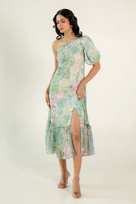 Aroop Shop India Morgan One Shoulder Fern Print Dress 