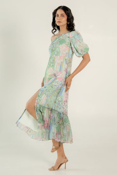 Aroop Shop India Morgan One Shoulder Fern Print Dress 