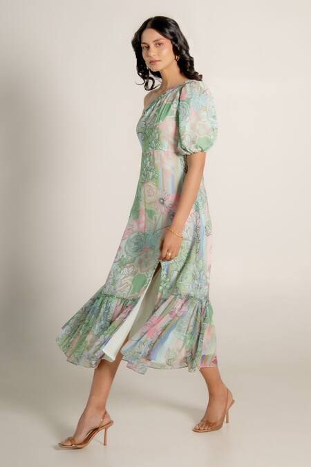 Aroop Shop India Green Chiffon One Shoulder Morgan Fern Print Dress Online at Aza Fashions Aroop Shop India_Green Chiffon One Shoulder Morgan Fern Print Dress _Online_at_Aza_Fashions