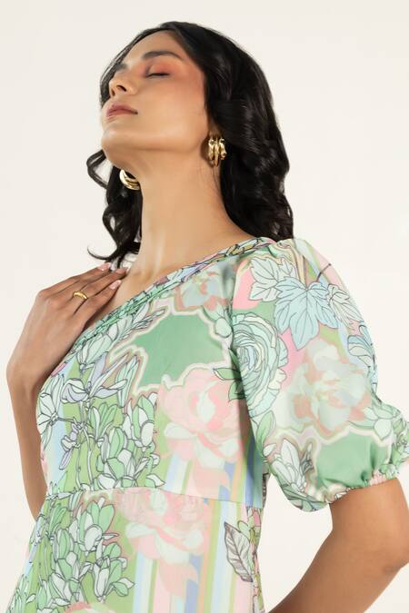 Buy Aroop Shop India Green Chiffon One Shoulder Morgan Fern Print Dress Online at Aza Fashions Buy_Aroop Shop India_Green Chiffon One Shoulder Morgan Fern Print Dress _Online_at_Aza_Fashions