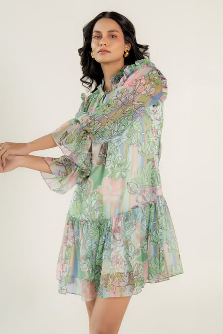 Aroop Shop India Green Chiffon Round Neck Della Floral Fern Print Dress Online at Aza Fashions Aroop Shop India_Green Chiffon Round Neck Della Floral Fern Print Dress _Online_at_Aza_Fashions