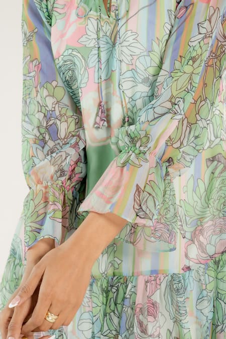 Shop Aroop Shop India Green Chiffon Round Neck Della Floral Fern Print Dress Online at Aza Fashions Shop_Aroop Shop India_Green Chiffon Round Neck Della Floral Fern Print Dress _Online_at_Aza_Fashions