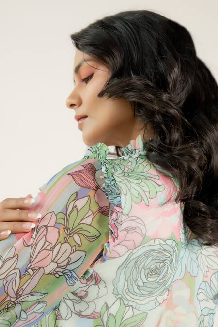 Aroop Shop India Green Chiffon Round Neck Della Floral Fern Print Dress at Aza Fashions Aroop Shop India_Green Chiffon Round Neck Della Floral Fern Print Dress _at_Aza_Fashions