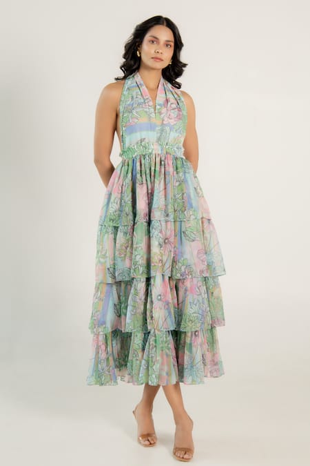 Aroop Shop India Beryl Backless Printed Ruffle Dress 