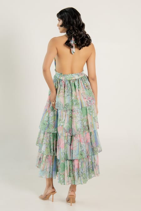 Aroop Shop India Beryl Backless Printed Ruffle Dress 