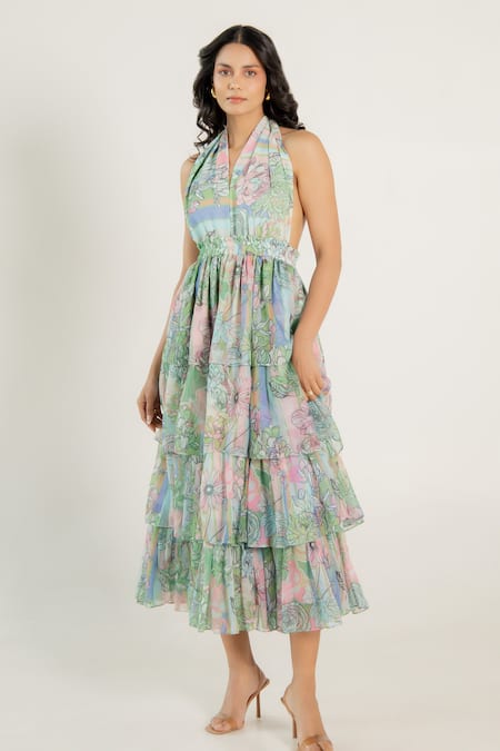Aroop Shop India_Green Chiffon Halter Neck Beryl Backless Printed Ruffle Dress _Online_at_Aza_Fashions