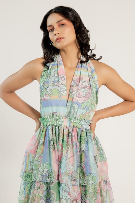 Shop_Aroop Shop India_Green Chiffon Halter Neck Beryl Backless Printed Ruffle Dress _Online_at_Aza_Fashions