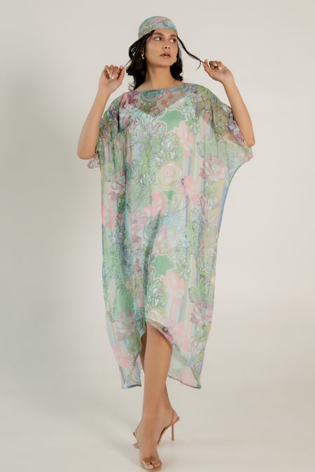 AROOP SHOP INDIA Green Recycled Chiffon Printed Fern Floral Boat Callie Kaftan Dress 