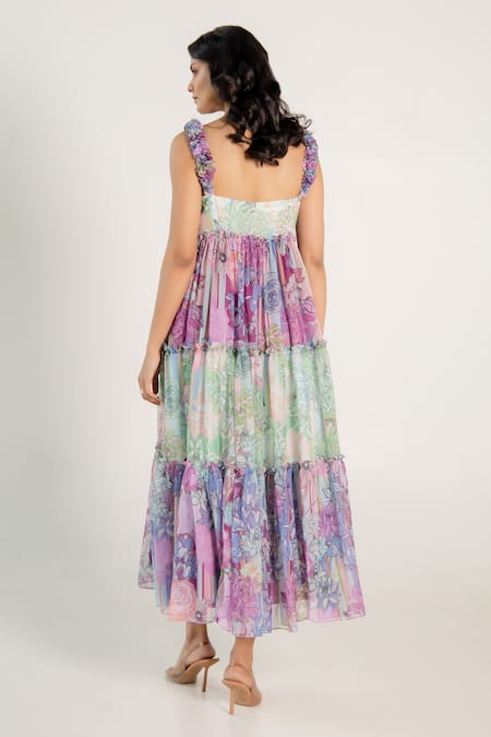 Shop Aroop Shop India Green Chiffon Ruffles Sweetheart Neck Cassie Fern And Fay Print Tiered Dress at Aza Fashions Shop_Aroop Shop India_Green Chiffon Ruffles Sweetheart Neck Cassie Fern And Fay Print Tiered Dress _at_Aza_Fashions