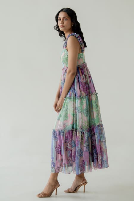 Buy Aroop Shop India Green Chiffon Ruffles Sweetheart Neck Cassie Fern And Fay Print Tiered Dress Online at Aza Fashions Buy_Aroop Shop India_Green Chiffon Ruffles Sweetheart Neck Cassie Fern And Fay Print Tiered Dress _Online_at_Aza_Fashions