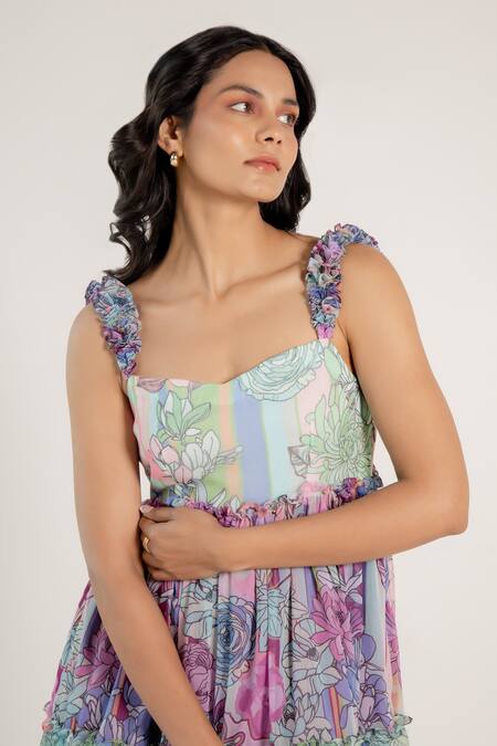 Shop Aroop Shop India Green Chiffon Ruffles Sweetheart Neck Cassie Fern And Fay Print Tiered Dress Online at Aza Fashions Shop_Aroop Shop India_Green Chiffon Ruffles Sweetheart Neck Cassie Fern And Fay Print Tiered Dress _Online_at_Aza_Fashions