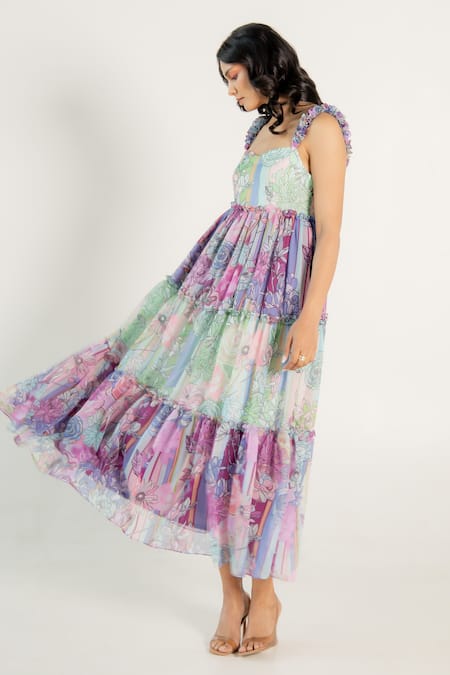 Aroop Shop India Green Chiffon Ruffles Sweetheart Neck Cassie Fern And Fay Print Tiered Dress at Aza Fashions Aroop Shop India_Green Chiffon Ruffles Sweetheart Neck Cassie Fern And Fay Print Tiered Dress _at_Aza_Fashions