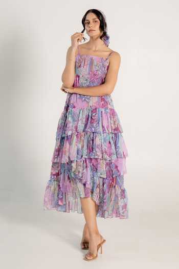 Aroop Shop India_Purple Chiffon Embroidery Square Neck Lisa Fay Floral Print Frilled Dress _Online_at_Aza_Fashions