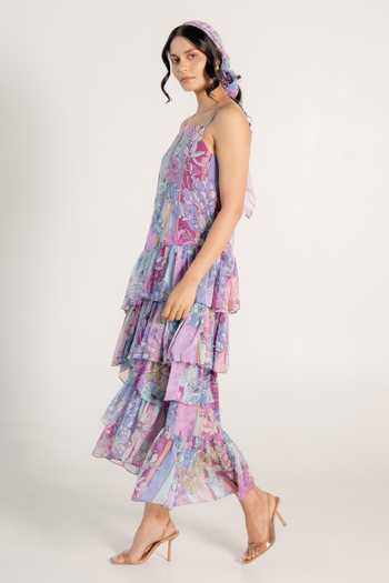 Buy_Aroop Shop India_Purple Chiffon Embroidery Square Neck Lisa Fay Floral Print Frilled Dress _Online_at_Aza_Fashions