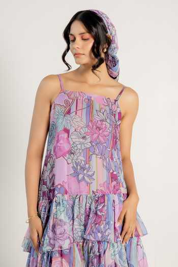 Aroop Shop India_Purple Chiffon Embroidery Square Neck Lisa Fay Floral Print Frilled Dress _at_Aza_Fashions
