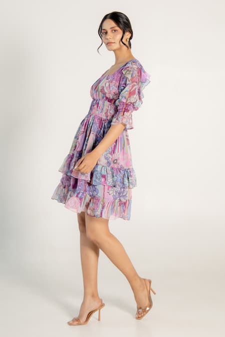 Buy_Aroop Shop India_Purple Chiffon Square Neck Jane Fay Floral Print Dress _Online_at_Aza_Fashions