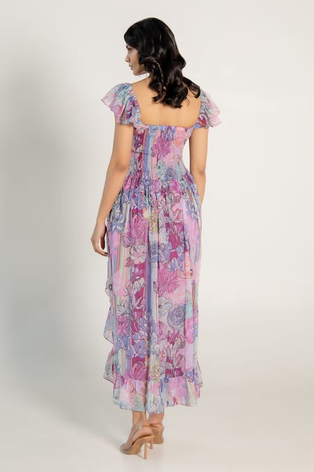 Shop Aroop Shop India Purple Chiffon Sweetheart Neck Lana Smocked Fay Floral Print Dress at Aza Fashions Shop_Aroop Shop India_Purple Chiffon Sweetheart Neck Lana Smocked Fay Floral Print Dress _at_Aza_Fashions
