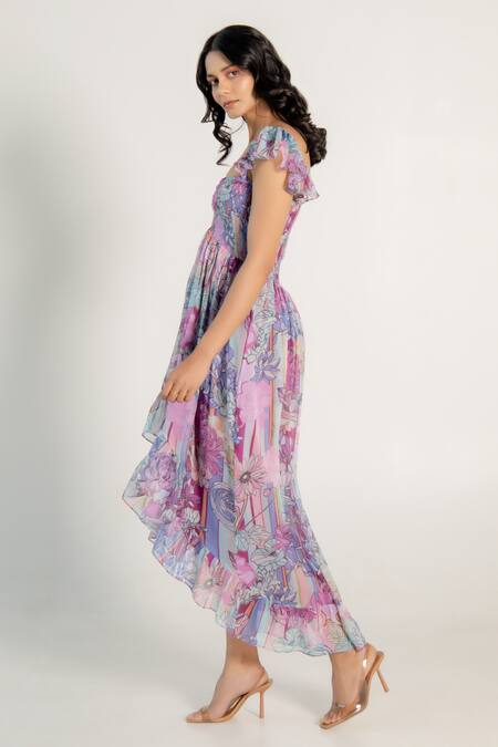 Aroop Shop India Purple Chiffon Sweetheart Neck Lana Smocked Fay Floral Print Dress Online at Aza Fashions Aroop Shop India_Purple Chiffon Sweetheart Neck Lana Smocked Fay Floral Print Dress _Online_at_Aza_Fashions