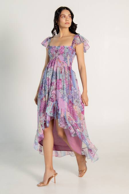 Buy Aroop Shop India Purple Chiffon Sweetheart Neck Lana Smocked Fay Floral Print Dress Online at Aza Fashions Buy_Aroop Shop India_Purple Chiffon Sweetheart Neck Lana Smocked Fay Floral Print Dress _Online_at_Aza_Fashions
