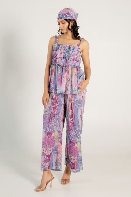 Aroop Shop India_Purple Chiffon Square Neck Pasha Pleated Fay Print Top And Pant Co-ord Set _Online_at_Aza_Fashions