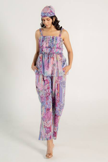 Shop_Aroop Shop India_Purple Chiffon Square Neck Pasha Pleated Fay Print Top And Pant Co-ord Set _Online_at_Aza_Fashions