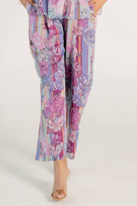 Aroop Shop India_Purple Chiffon Square Neck Pasha Pleated Fay Print Top And Pant Co-ord Set _at_Aza_Fashions