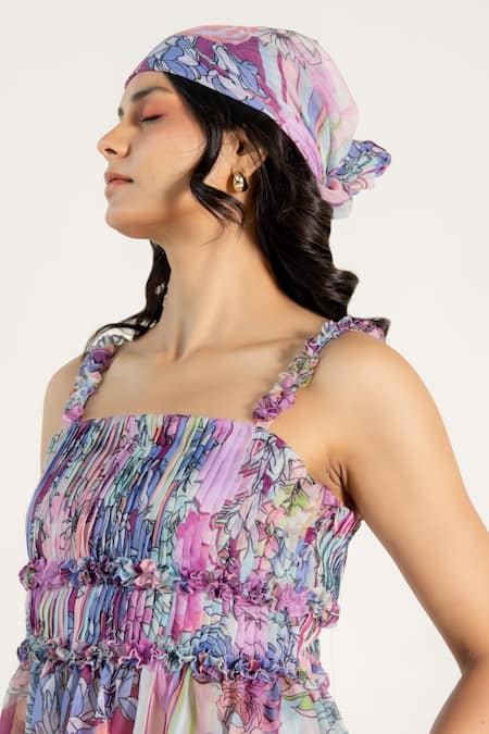 Buy_Aroop Shop India_Purple Chiffon Square Neck Pasha Pleated Fay Print Top And Pant Co-ord Set 