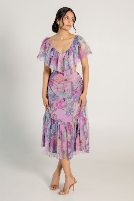 AROOP SHOP INDIA Purple Recycled Chiffon Printed Fay Floral V Neck Baia Cut-out Dress 