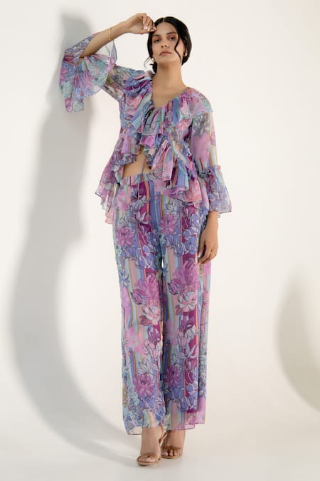 AROOP SHOP INDIA Purple Recycled Chiffon Printed Fay Floral V Neck Doris Top And Pant Co-ord Set 