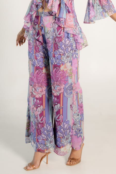 Buy_Aroop Shop India_Purple Chiffon Ruffles V-neck Doris Fay Print Top And Pant Co-ord Set _Online_at_Aza_Fashions