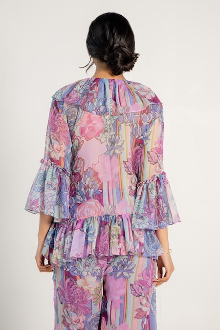 Shop_Aroop Shop India_Purple Chiffon Ruffles V-neck Doris Fay Print Top And Pant Co-ord Set _Online_at_Aza_Fashions