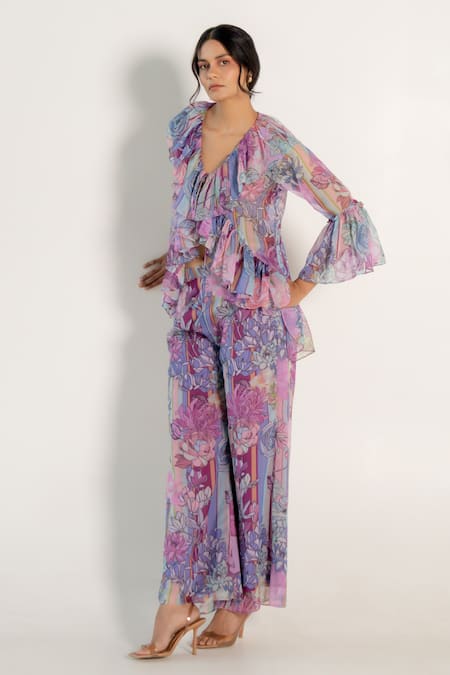 Buy_Aroop Shop India_Purple Chiffon Ruffles V-neck Doris Fay Print Top And Pant Co-ord Set 