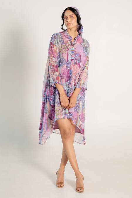 Aroop Shop India_Purple Chiffon Bandeau Neck Mauve Fay Floral Print Shirt Dress _Online_at_Aza_Fashions
