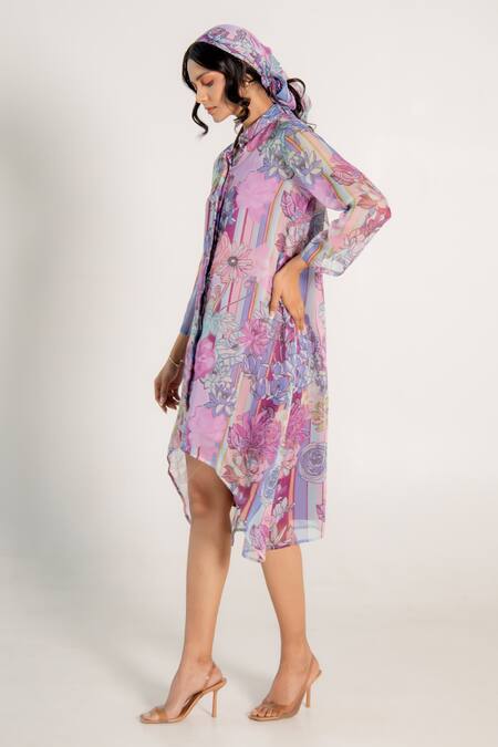 Buy_Aroop Shop India_Purple Chiffon Bandeau Neck Mauve Fay Floral Print Shirt Dress _Online_at_Aza_Fashions