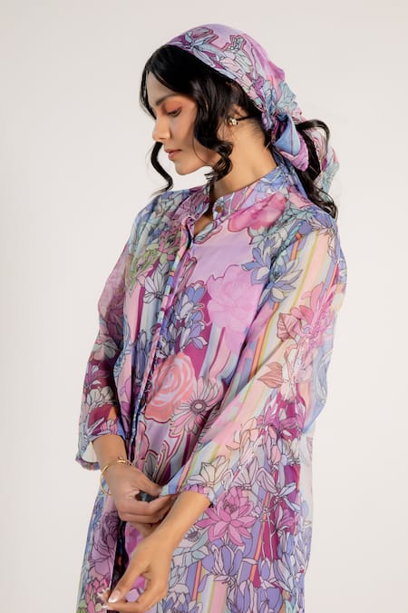 Shop_Aroop Shop India_Purple Chiffon Bandeau Neck Mauve Fay Floral Print Shirt Dress _Online_at_Aza_Fashions