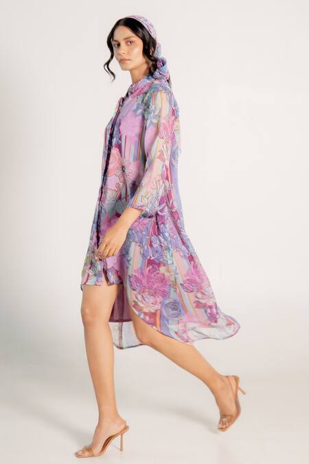 Aroop Shop India_Purple Chiffon Bandeau Neck Mauve Fay Floral Print Shirt Dress _at_Aza_Fashions