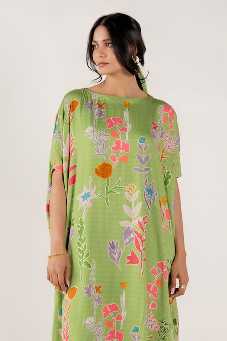 Aroop Shop India_Green Modal, Satin Round Neck Mara Rene Floral Print Kaftan And Pant Set _Online_at_Aza_Fashions