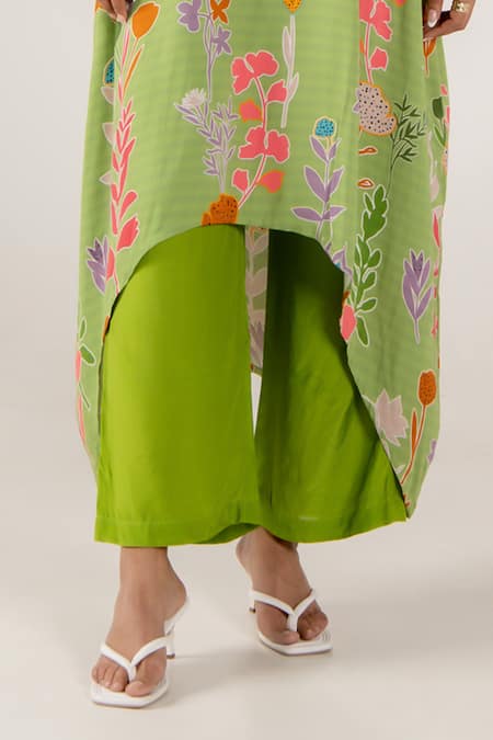 Buy_Aroop Shop India_Green Modal, Satin Round Neck Mara Rene Floral Print Kaftan And Pant Set _Online_at_Aza_Fashions
