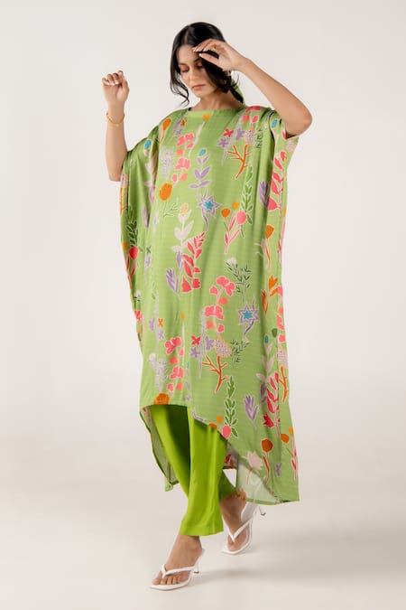Shop_Aroop Shop India_Green Modal, Satin Round Neck Mara Rene Floral Print Kaftan And Pant Set _Online_at_Aza_Fashions