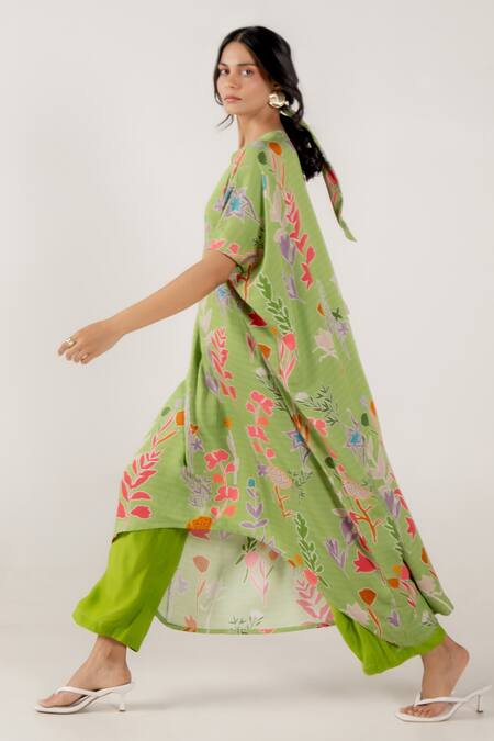 Aroop Shop India_Green Modal, Satin Round Neck Mara Rene Floral Print Kaftan And Pant Set _at_Aza_Fashions