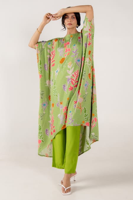 Buy_Aroop Shop India_Green Modal, Satin Round Neck Mara Rene Floral Print Kaftan And Pant Set 