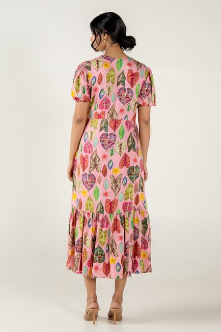 Aroop Shop India Coral Lia Leaf Print Dress 