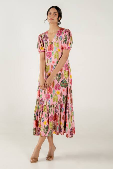 Aroop Shop India Pink Modal, Satin V-neck Coral Lia Leaf Print Dress Online at Aza Fashions Aroop Shop India_Pink Modal, Satin V-neck Coral Lia Leaf Print Dress _Online_at_Aza_Fashions