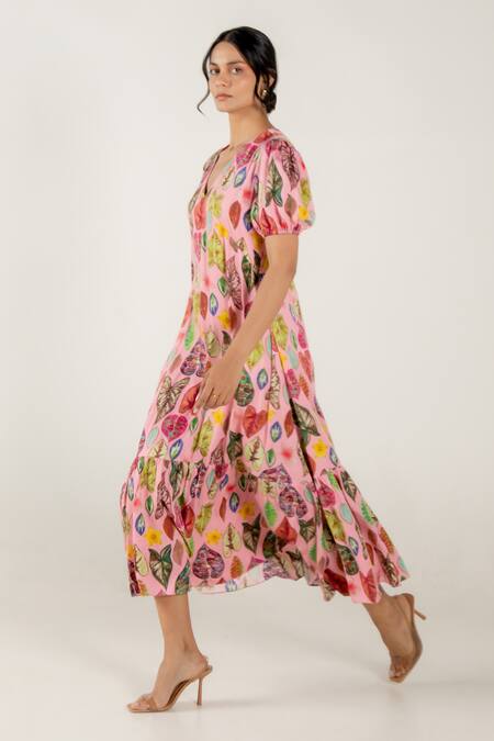 Buy Aroop Shop India Pink Modal, Satin V-neck Coral Lia Leaf Print Dress Online at Aza Fashions Buy_Aroop Shop India_Pink Modal, Satin V-neck Coral Lia Leaf Print Dress _Online_at_Aza_Fashions